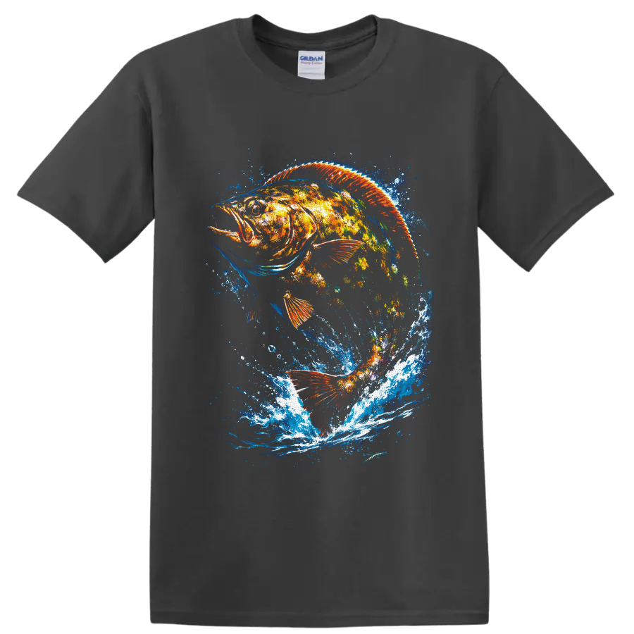 Color splash largemouth bass graphic with orange fins and dramatic blue water splashes on a Charcoal T Shirt