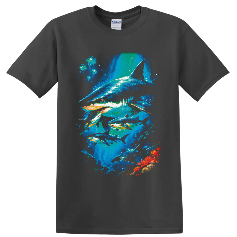 Vibrant shark, jellyfish, rays, and coral underwater wildlife graphic on a Charcoal T Shirt