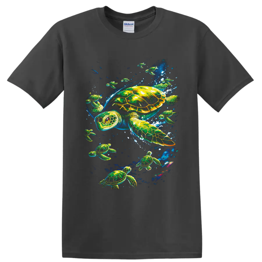 Colorful sea turtle underwater graphic with swimming turtles, bubbles, and ocean spray on a Charcoal T Shirt