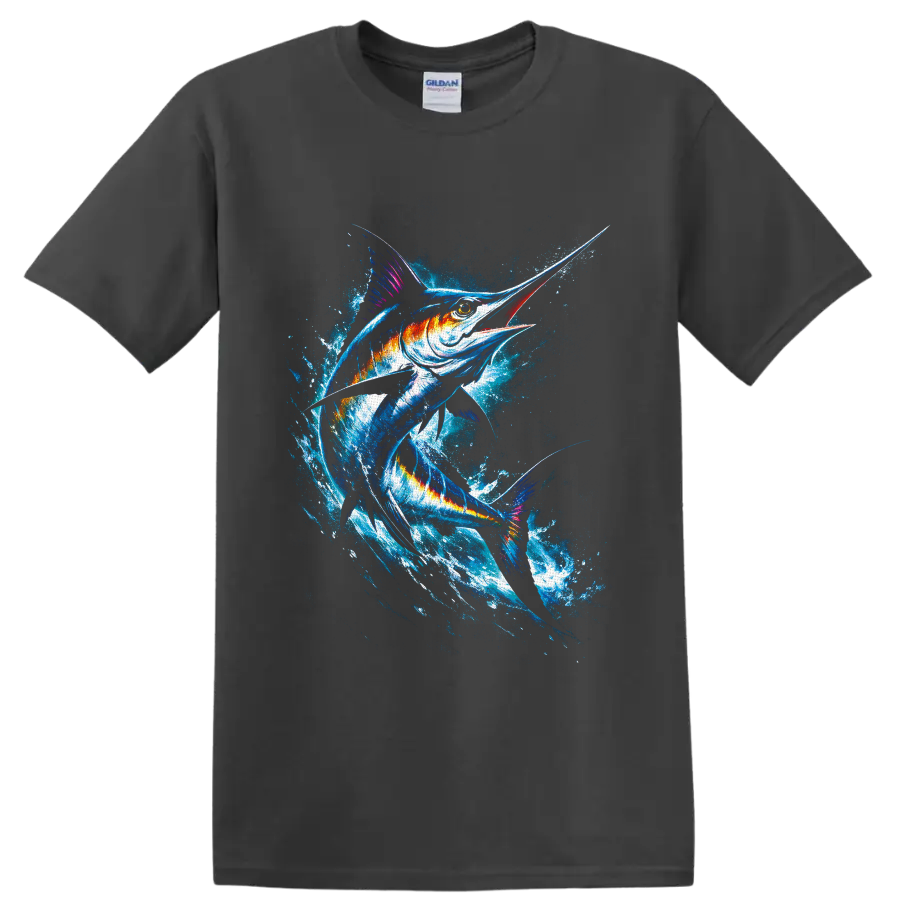 Vivid watercolor-style marlin leaping through a crashing ocean splash on a Charcoal T Shirt