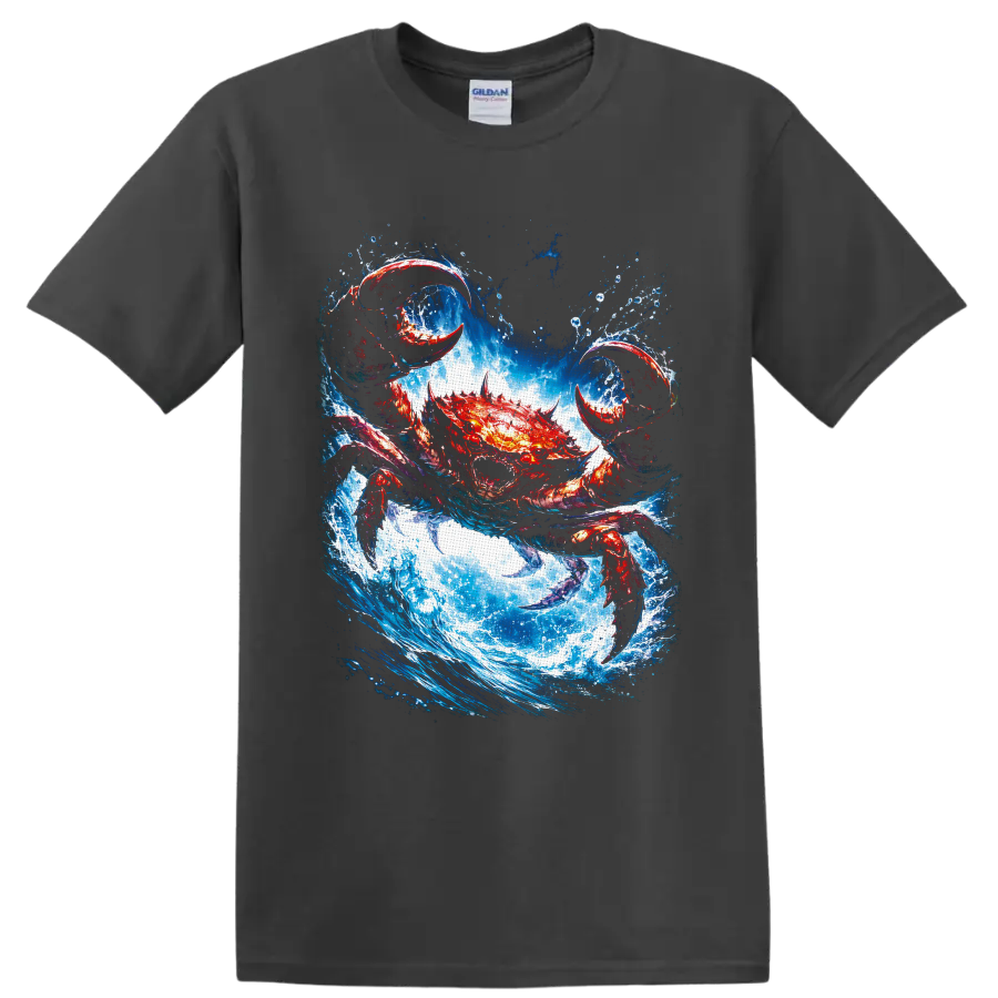 Fiery red crab with raised claws charging through a crashing blue ocean wave on a Charcoal T Shirt