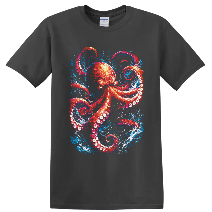 Red-orange octopus with curling tentacles in vivid blue ocean splash art on a Charcoal T Shirt