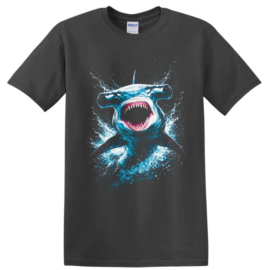 Hammerhead shark portrait with open mouth and explosive blue ocean splash artwork on a Charcoal T Shirt