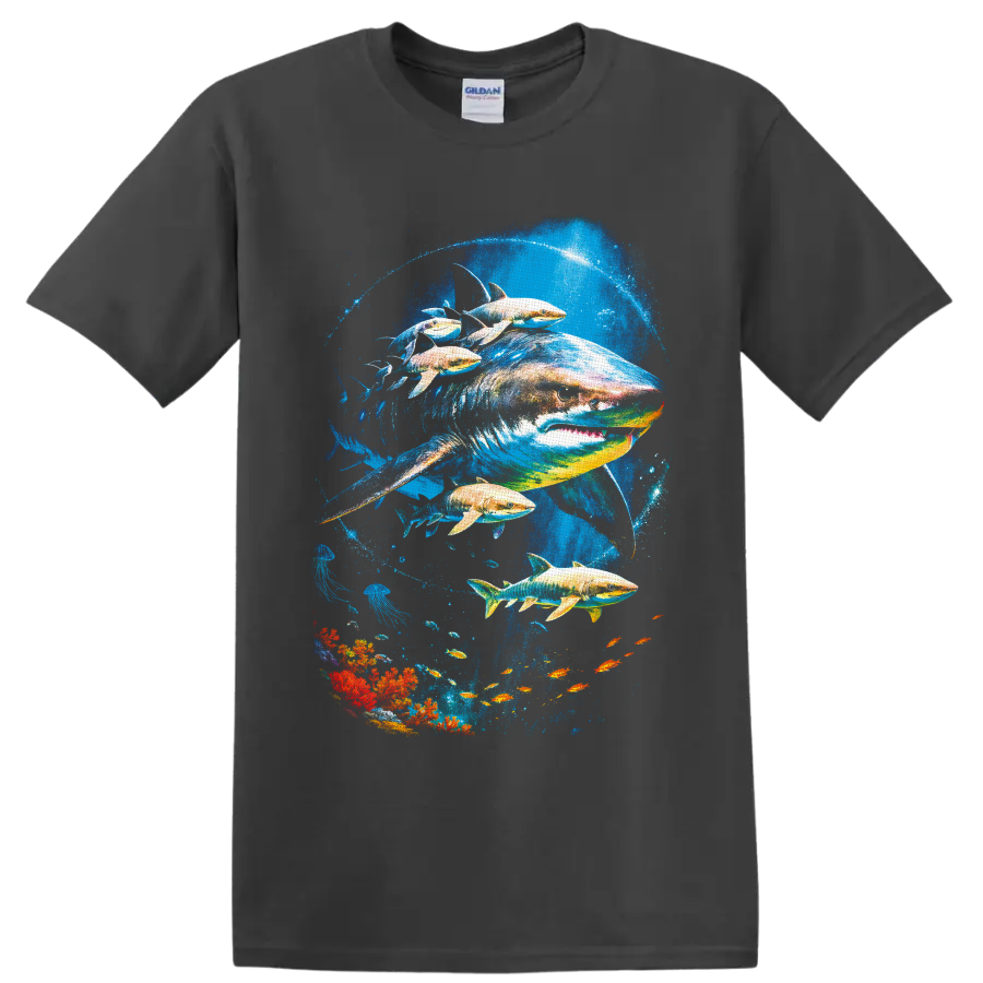 Great White Shark and tropical fish in vivid underwater coral reef art on a Charcoal T Shirt