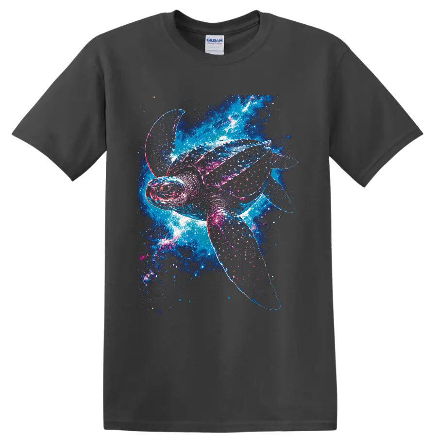 Sea turtle swimming through a neon blue and pink cosmic ocean galaxy design on a Charcoal T Shirt