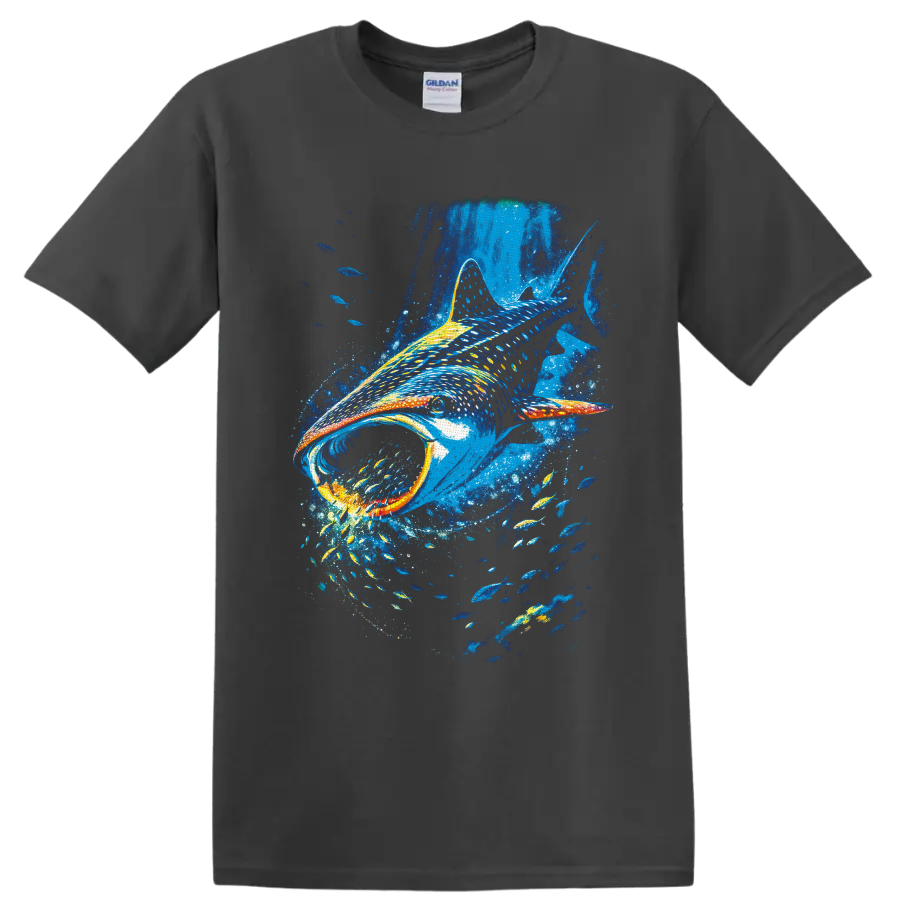 Colorful painterly whale shark swimming through blue water with schools of fish on a Charcoal T Shirt