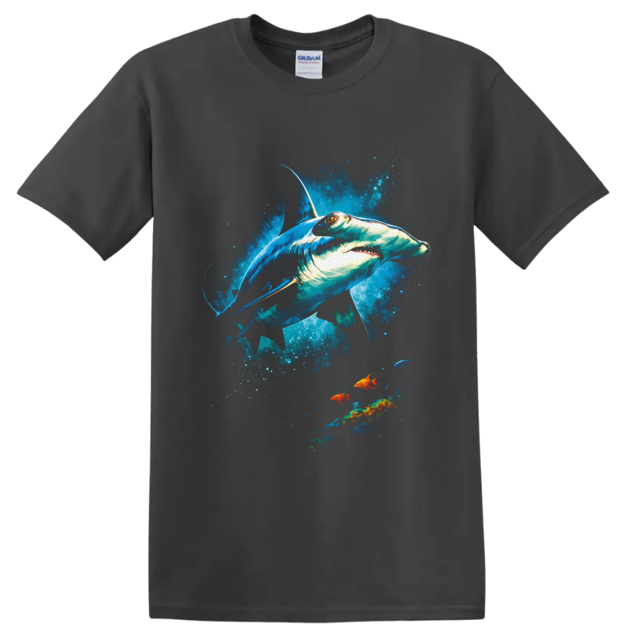 Hammerhead shark in vivid watercolor ocean splashes with colorful tropical fish on a Charcoal T Shirt