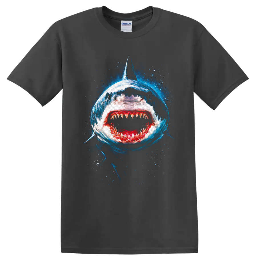Great white shark open-jaw blue ocean splash graphic print on a Charcoal T Shirt