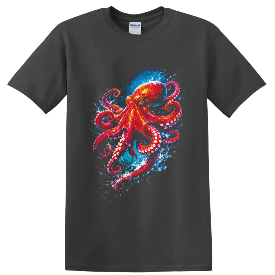 Vibrant watercolor octopus with curling tentacles in blue ocean splashes on a Charcoal T Shirt