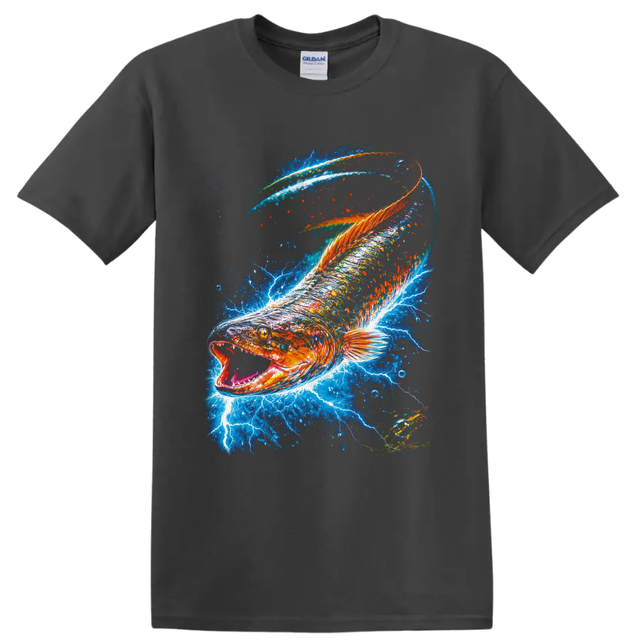 Largemouth bass with lightning and vivid blue water splash graphic on a Charcoal T Shirt