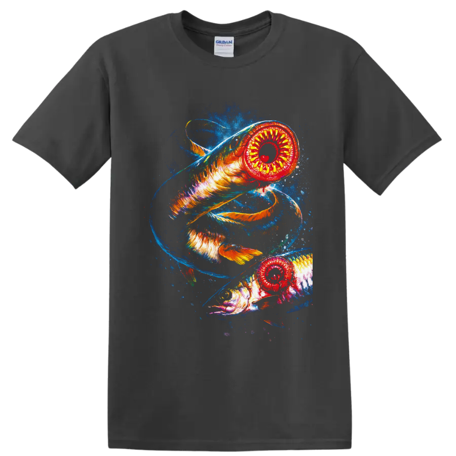 Two vivid lamprey fish in swirling blue water with fiery painterly ocean art on a Charcoal T Shirt