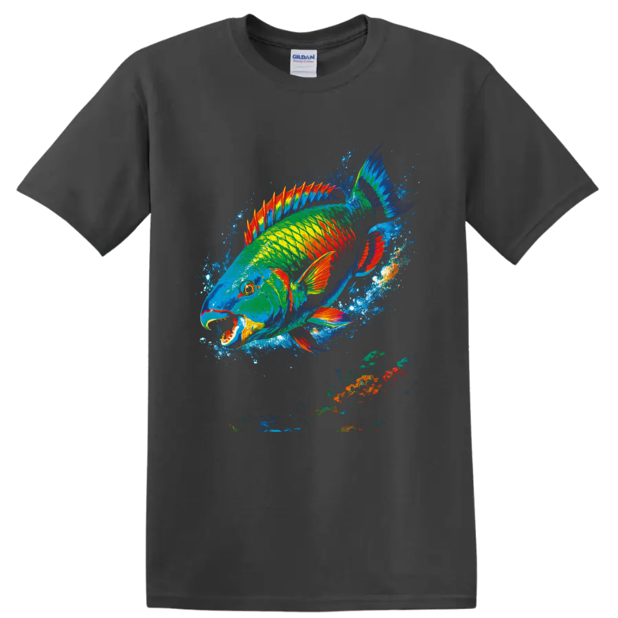 Vibrant painterly parrotfish graphic swimming through an electric blue ocean splash on a Charcoal T Shirt