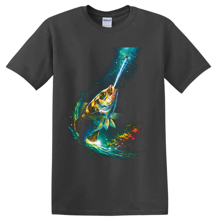 Vibrant bass leaping through glowing underwater currents toward a dragonfly on a Charcoal T Shirt