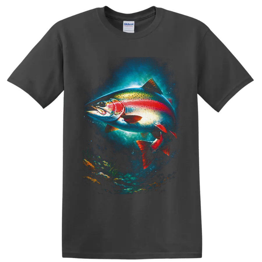 Colorful rainbow trout swimming in a glowing freshwater underwater art scene on a Charcoal T Shirt