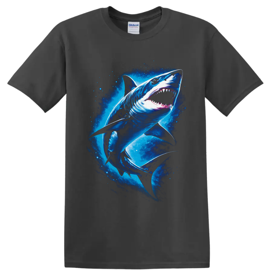 Great White Shark in a vivid blue underwater ocean graphic print on a Charcoal T Shirt