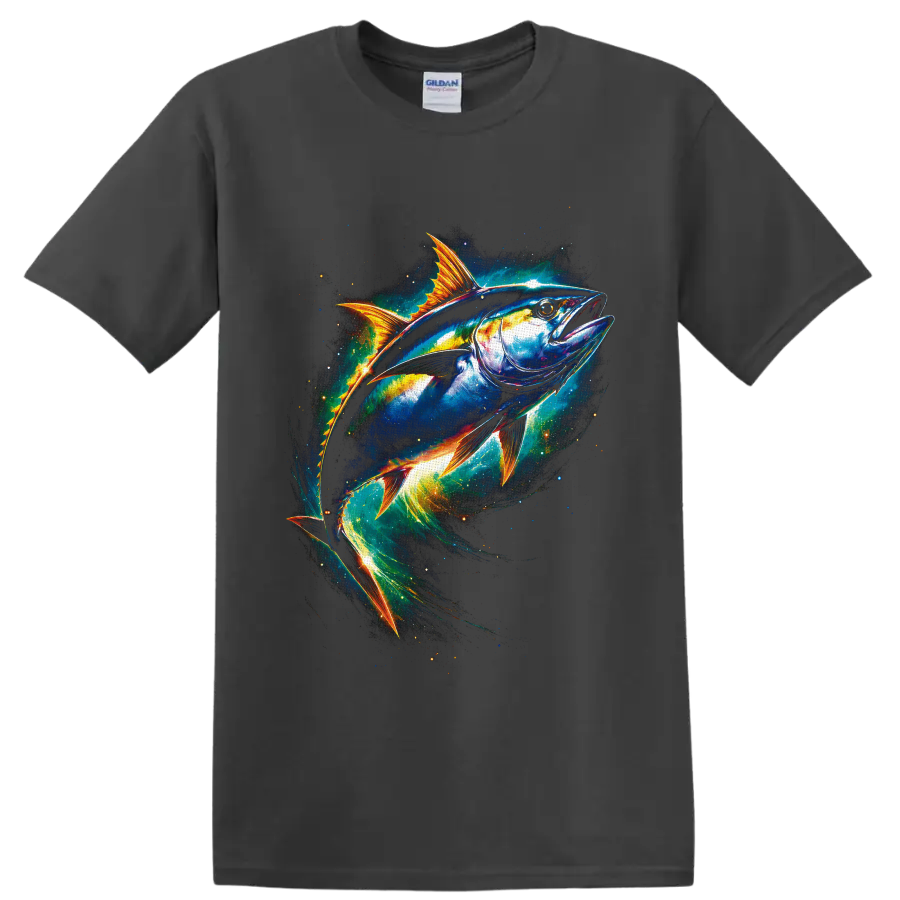 Colorful tuna swimming through glowing cosmic ocean waves on a Charcoal T Shirt