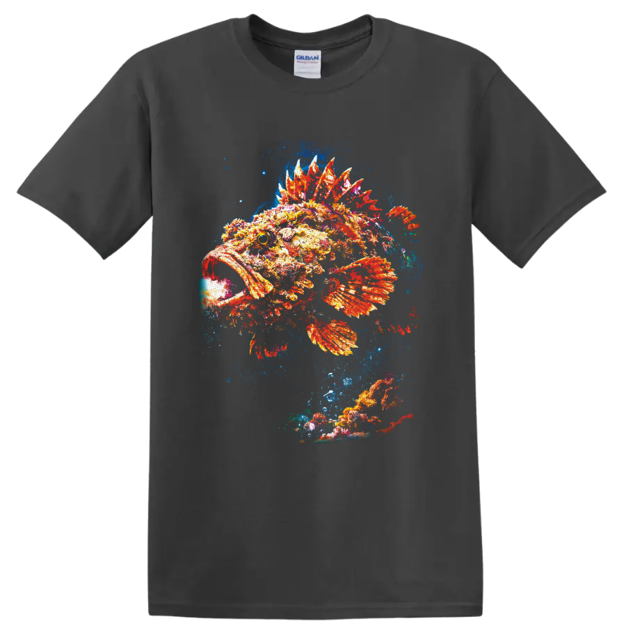 Colorful painterly spiny fish with fiery fins in a blue underwater splash on a Charcoal T Shirt
