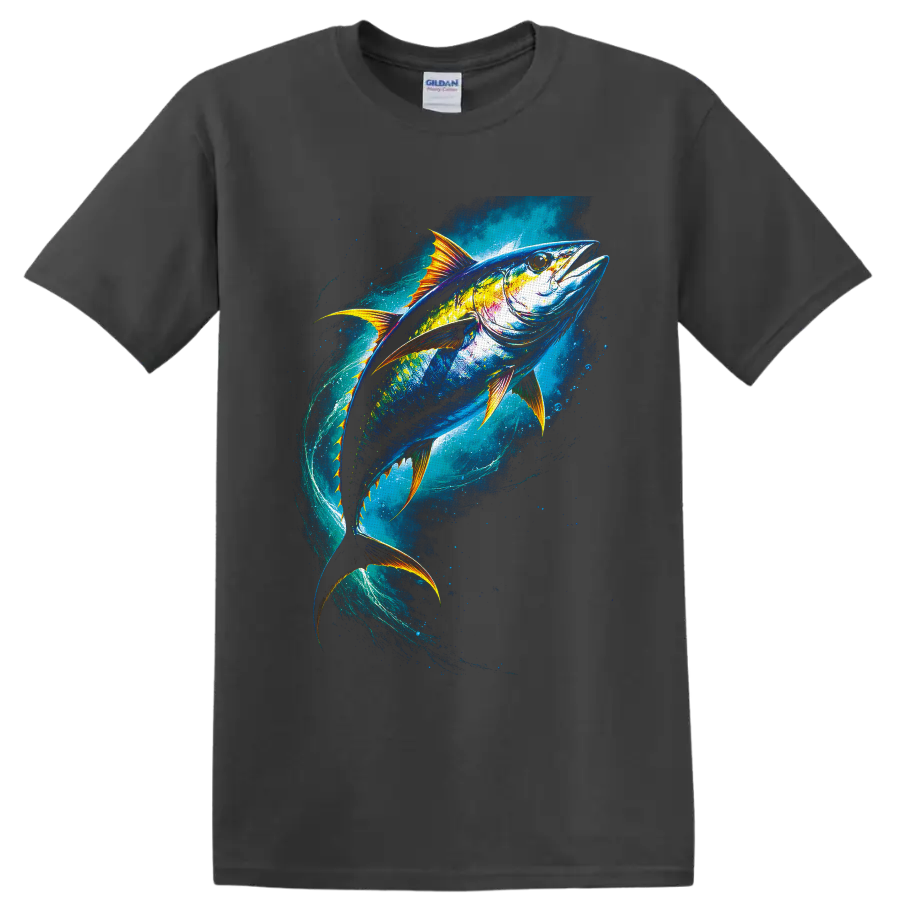 Colorful tuna swimming through a swirling blue ocean with golden fins on a Charcoal T Shirt