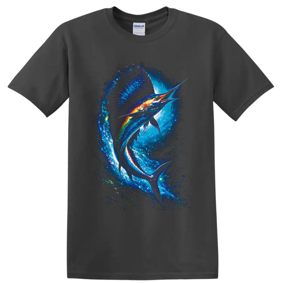 Neon-style sailfish swimming through a glowing blue ocean wave on a Charcoal T Shirt
