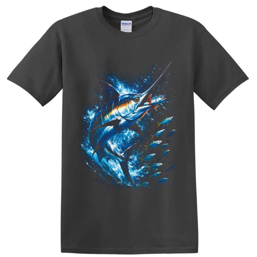 Blue marlin chasing a fish amid schooling tuna in vivid ocean splash artwork on a Charcoal T Shirt