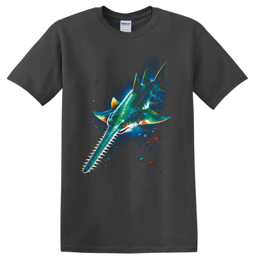 Colorful sawshark graphic swimming through a glowing deep-blue underwater scene on a Charcoal T Shirt