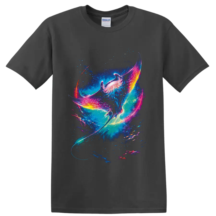 Neon fantasy manta ray gliding through a starry cosmic ocean on a Charcoal T Shirt