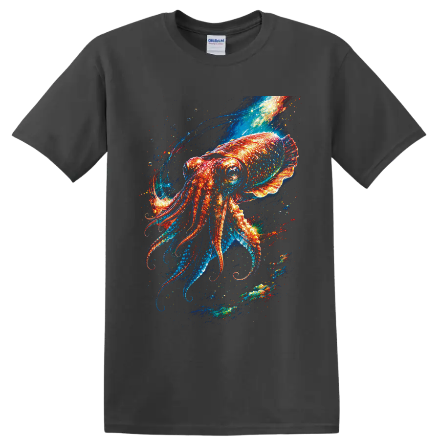 Vivid cosmic squid graphic with glowing orange tentacles and swirling blue ocean currents on a Charcoal T Shirt