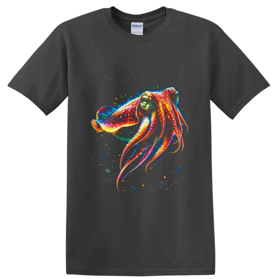 Neon orange octopus with curling arms in an electric blue ocean splash illustration on a Charcoal T Shirt