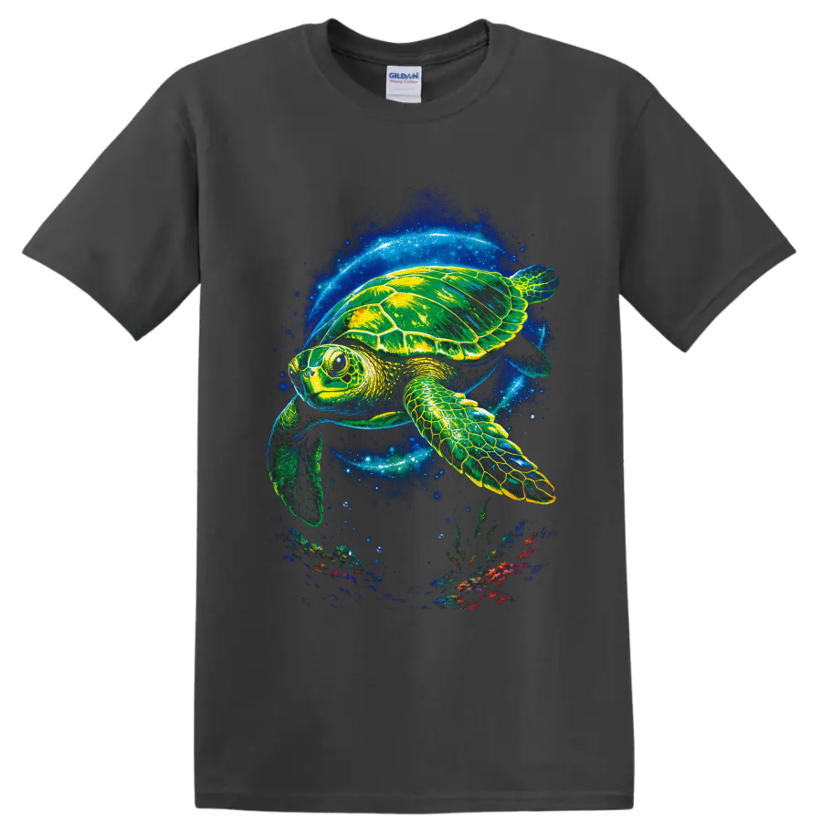 Neon sea turtle swimming through a glowing blue ocean with bubbles and coral reef on a Charcoal T Shirt