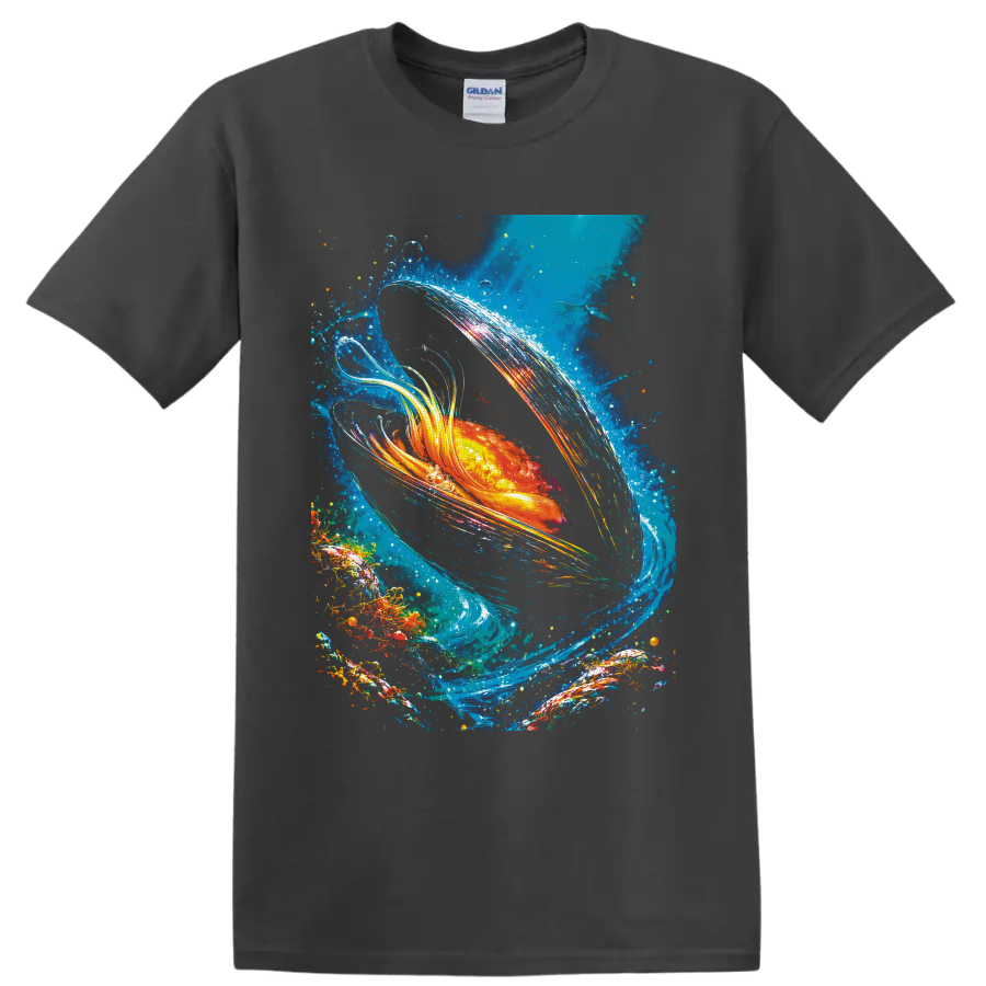 Radiant goldfish in swirling blue water with bubbles and colorful painterly splashes on a Charcoal T Shirt