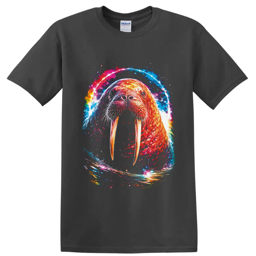 Vibrant cosmic walrus portrait with long tusks and swirling ocean-color energy on a Charcoal T Shirt