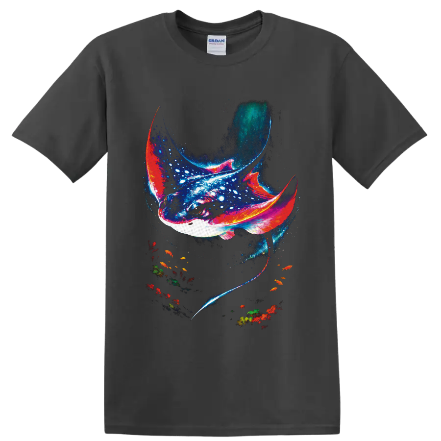 Cosmic manta ray illustration with luminous speckles, colorful fish, and coral on a Charcoal T Shirt