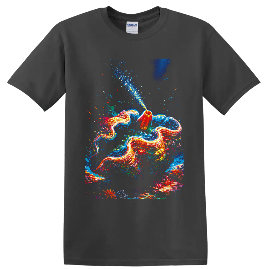 Flowing aquatic animals in colorful coral reef art with fish, bubbles, and starfish on a Charcoal T Shirt
