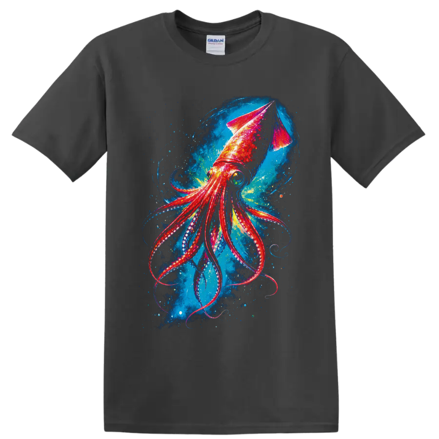 Colorful Giant Squid illustration with curling tentacles in a swirling deep-sea scene on a Charcoal T Shirt