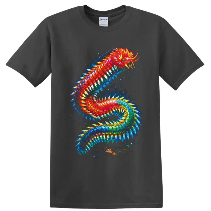 Surreal rainbow marine bristle worm with glowing bristles in a cosmic ocean swirl on a Charcoal T Shirt