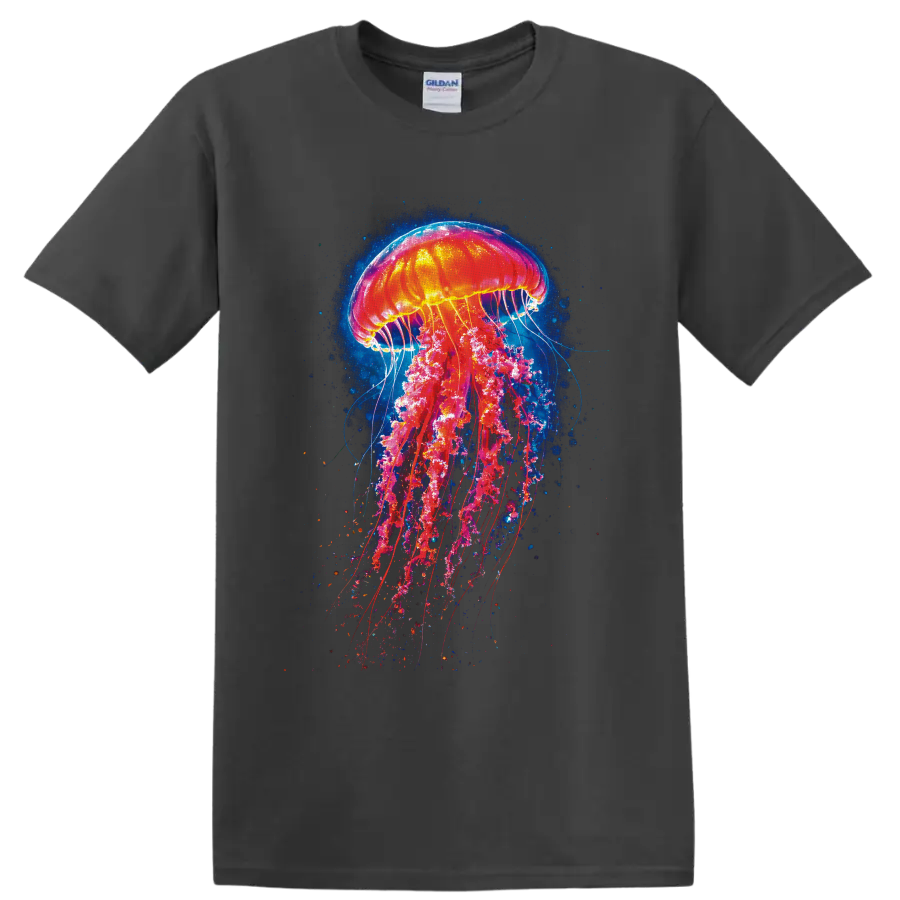 Neon jellyfish graphic art with glowing tentacles and deep blue ocean particles on a Charcoal T Shirt