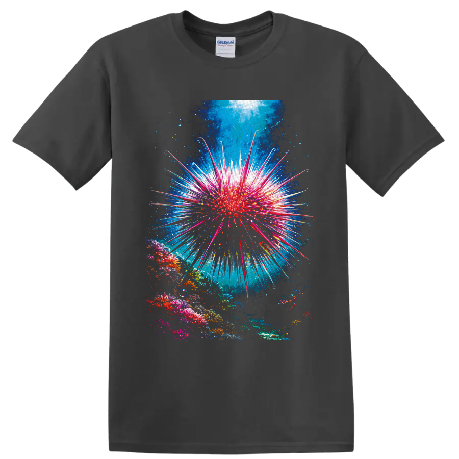 Crown-of-thorns starfish with radiant spines above a colorful sunlit coral reef on a Charcoal T Shirt
