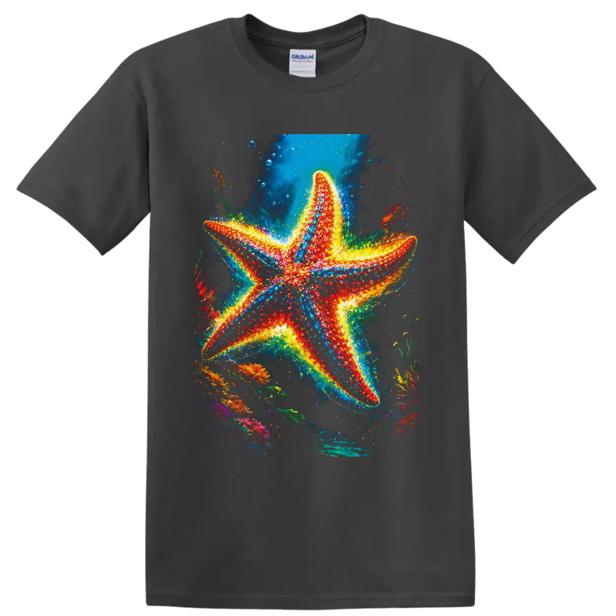 Vibrant red and blue starfish in a glowing tropical coral reef scene on a Charcoal T Shirt