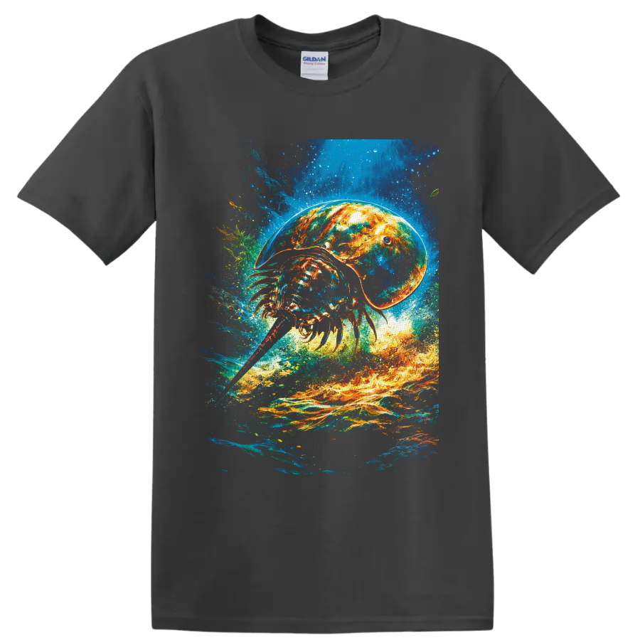 Vibrant horseshoe crab illustration in swirling blue water and fiery orange currents on a Charcoal T Shirt