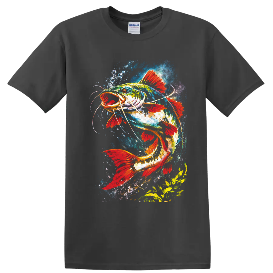 Vibrant watercolor catfish with red fins swimming through blue splashes and bubbles on a Charcoal T Shirt