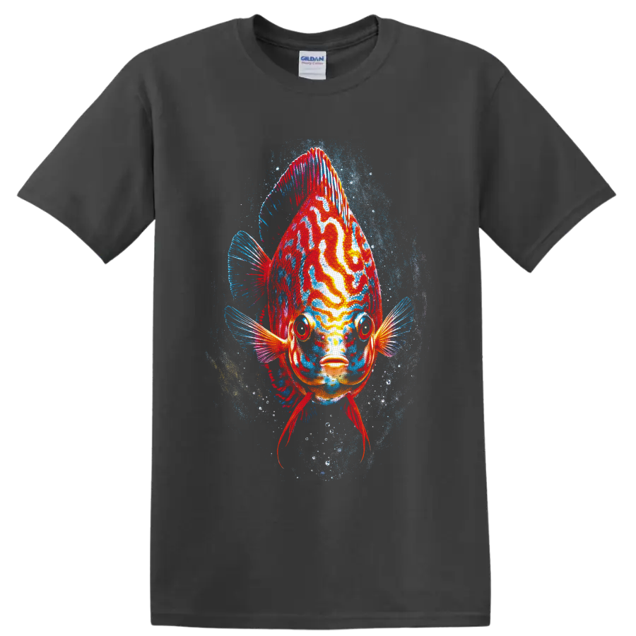 Colorful discus fish portrait with red, orange, and turquoise underwater splash art on a Charcoal T Shirt