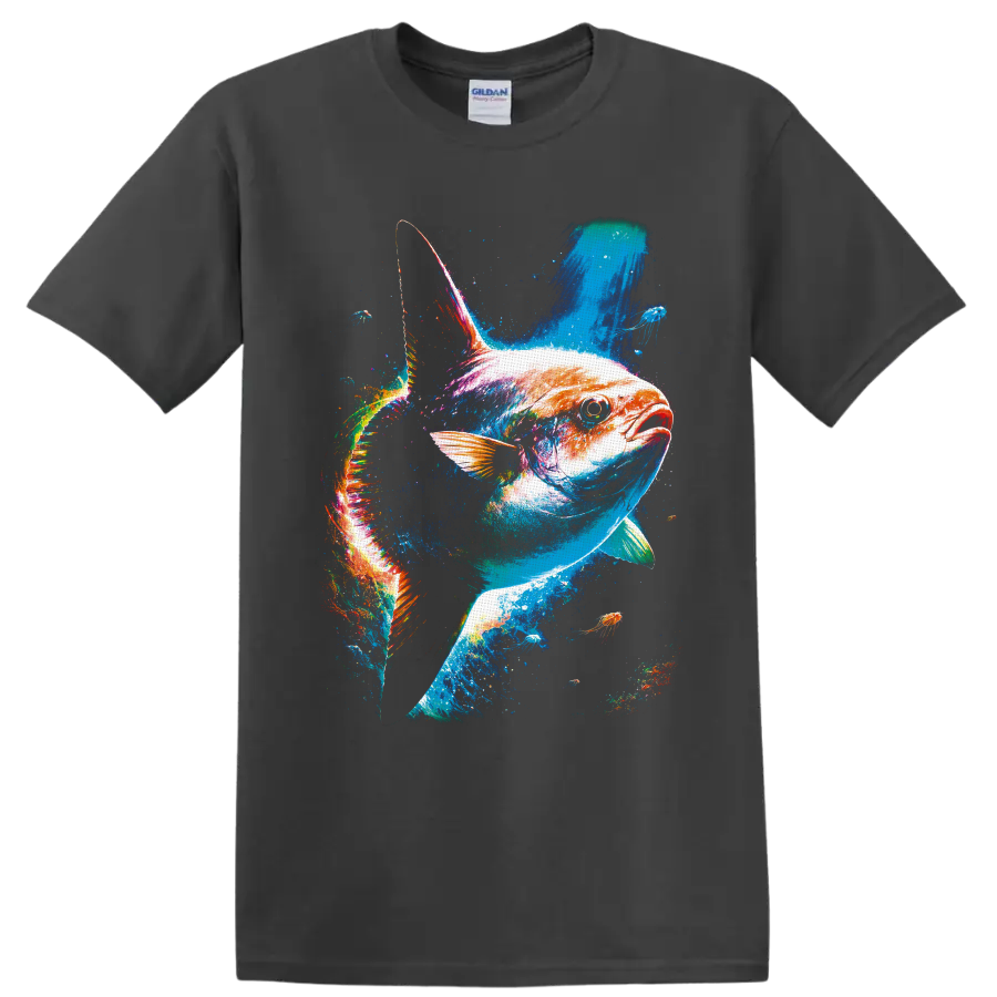 Colorful Bluefin Tuna splash-art design with jellyfish in a vivid underwater scene on a Charcoal T Shirt