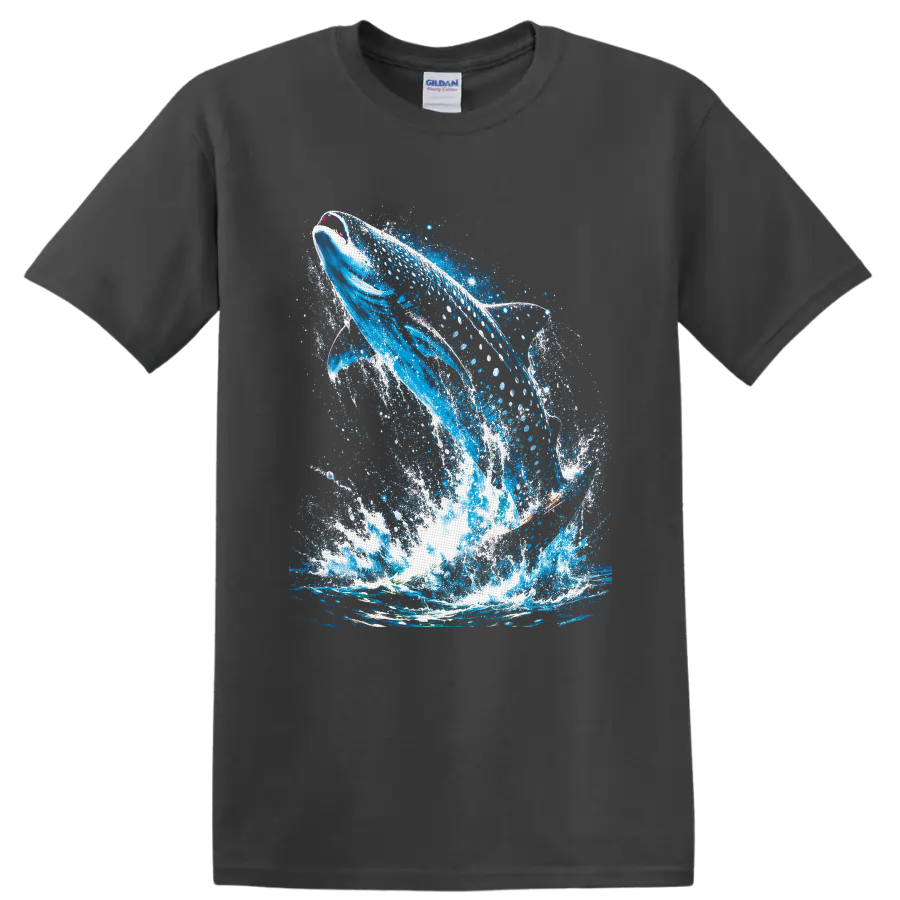 Breaching humpback whale in vivid blue ocean splash and paint-splatter artwork on a Charcoal T Shirt