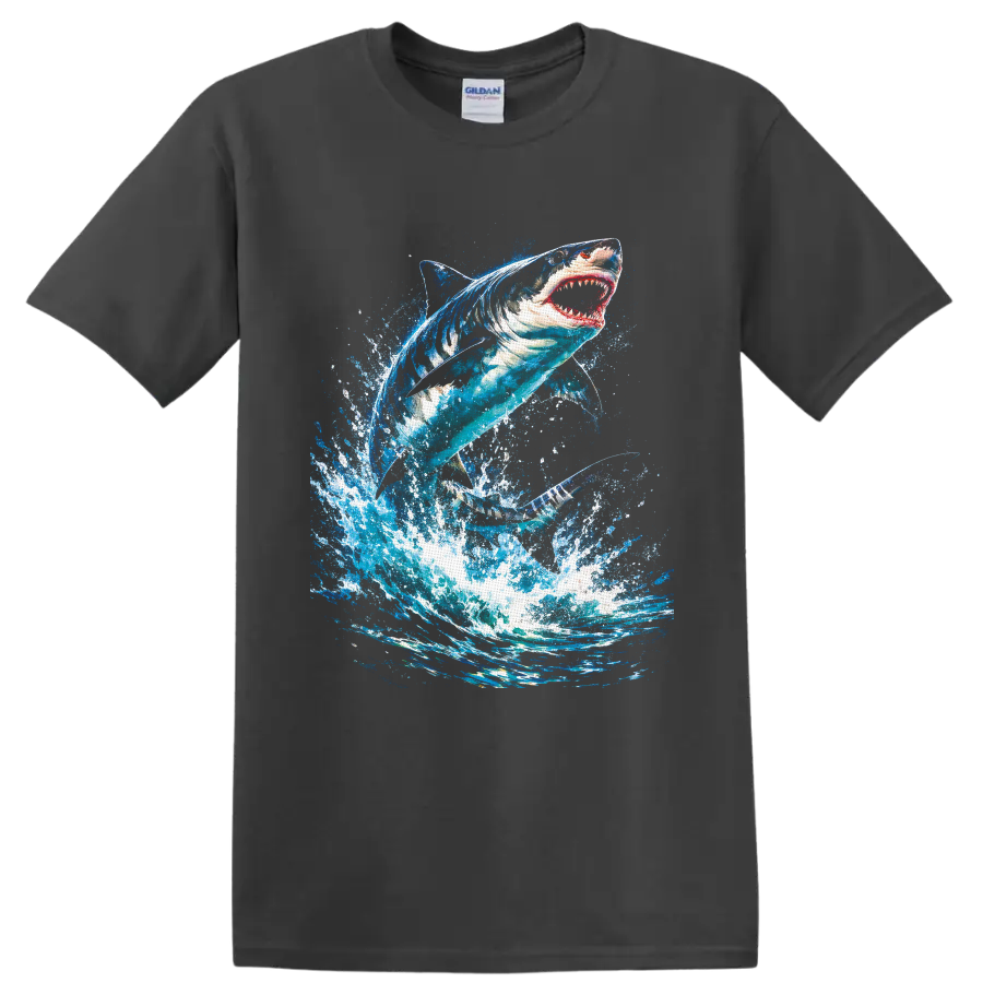 Great white shark leaping through a vivid blue ocean wave splash art design on a Charcoal T Shirt