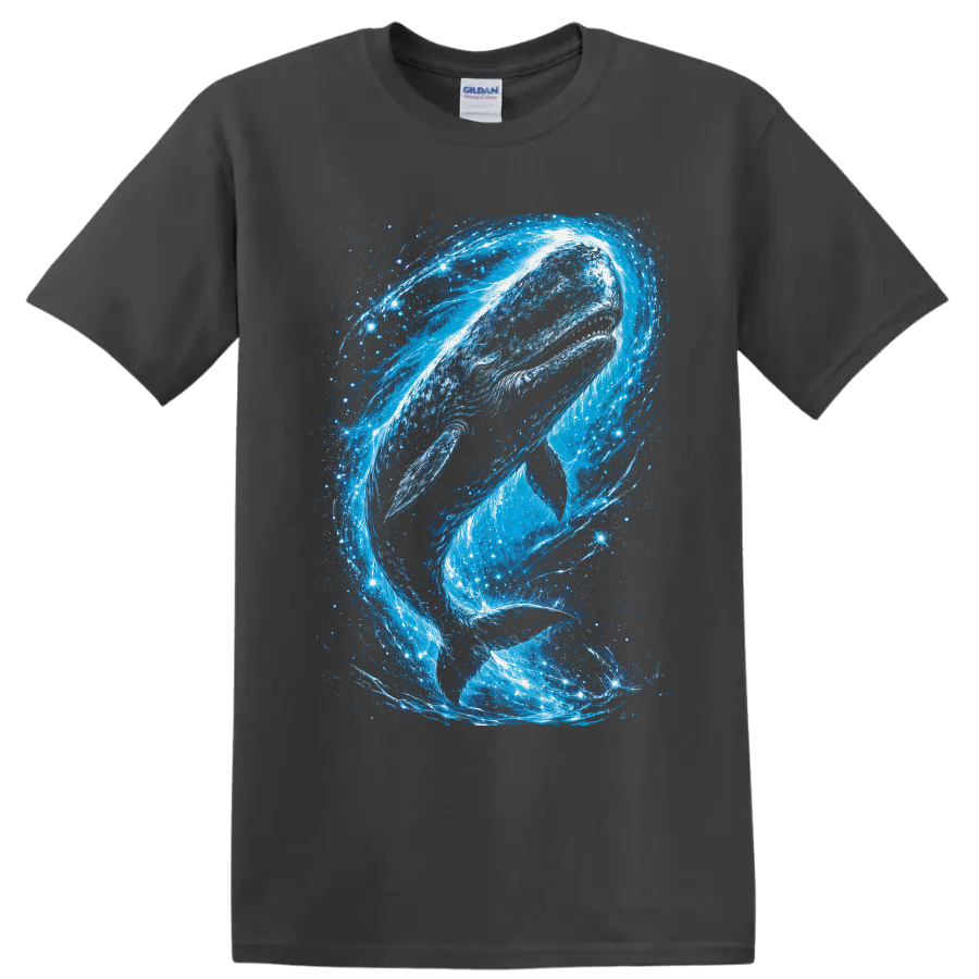 Humpback whale in swirling blue cosmic ocean waves and starry galaxy art on a Charcoal T Shirt