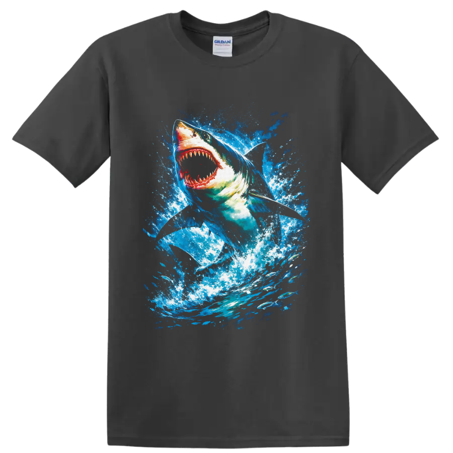 Great White Shark lunging through vivid blue ocean splash art on a Charcoal T Shirt