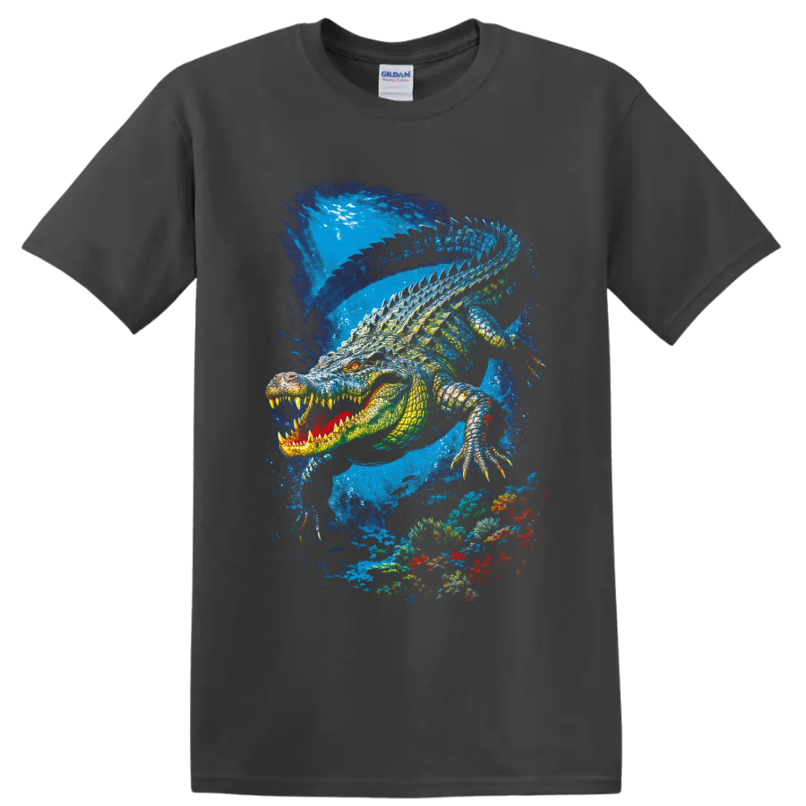 Fierce crocodile swimming through a vivid blue underwater coral reef illustration on a Charcoal T Shirt