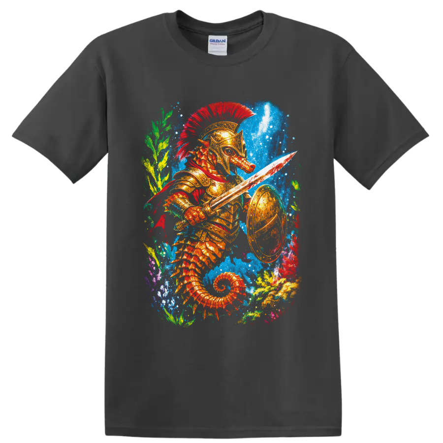 Colorful fantasy seahorse warrior in golden armor with sword and shield underwater on a Charcoal T Shirt