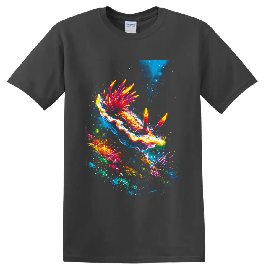 Vibrant nudibranch sea slug swimming through a colorful coral reef illustration on a Charcoal T Shirt