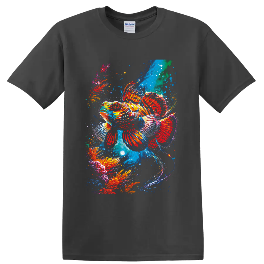 Tropical fish in a vibrant painterly underwater coral reef scene on a Charcoal T Shirt